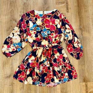 Baltic Born Floral Mini Dress – Belted Waist, Ruffle Hem (Size L)